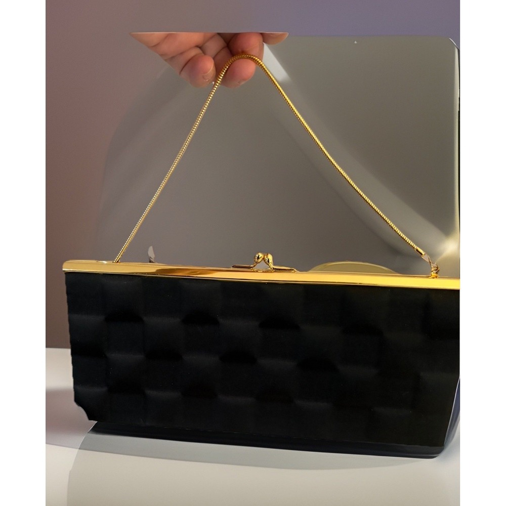 Valerie Stevens Evening Black Quilted Clutch w/ Gold Frame & Chain Strap – NWT
